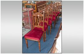 Set Of Six Carved Oak Dining Chairs. Carved Back Slats, Turned Front Legs. Art Nouveau Period. Later