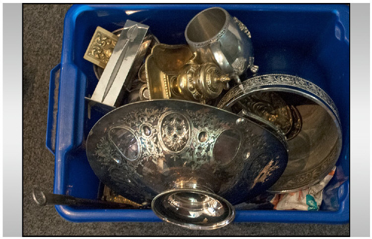 Box of Metalware comprising brass, silver plate, flatware etc