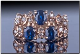Ladies 14ct Gold Diamond And Sapphire Dress Ring, Set With Three Oval Cut Sapphires and 17 Small