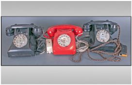 Three Vintage Telephones comprising two black Bakelite and one red 1960's telephone