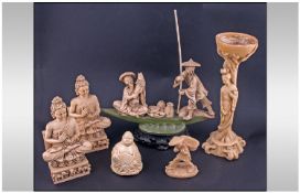 Collection Of 6 Oriental Style Decorative Resin Sculptures/Figures. Tallest 13 inches high.