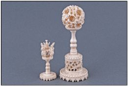 Chinese Early 20th Century Ivory Puzzle Ball And Stand. Height 5.25 inches. Plus a small ivory