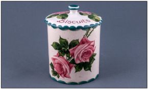 Wemyss Biscuits Lidded Jar. Cabbage rose desing. Stands 6.25 inches high.