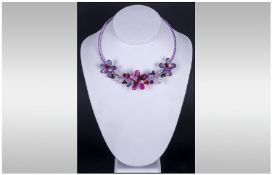 Multi Gemstone Hand Made Flower Necklace, the flowers comprising garnet, amethyst, rose quartz,