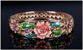 Floral Enamel and Crystal Bangle, openwork multi colour enamel and Austrian crystal panel to the