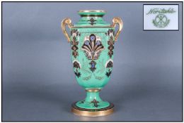 Noritake Handpainted Two Handle Vase, Circa 1920's, Green, Gold & Black Colourway. 10" in height.