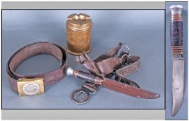 German SA Brass Belt Buckle and Leather Belt together with 'FAGANI' Scout knife with scabbard and