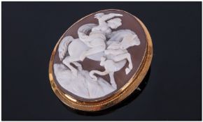 9ct Gold Framed Cameo Brooch, The Shell Depicting Classical Figure And Horse. Frame fully