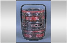 Antique Round Chinese Red Lacquered 3 Section Carrying Food Basket with traces of decoration.