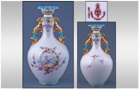 Royal Crown Derby Two Handled Vase. Turquoise, gold and white colour way. Date 1897. Height 7.75