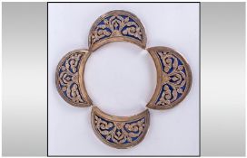 Four Antique Unusual Silvered Metal Crescent Shaped Appliques. With blue enamel backgrounds, with