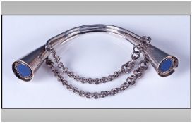 Modernist Silver Designer Bracelet/Bangle, Of Rigid Tubular And Chain Form, Set With Two Lapis