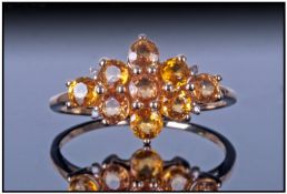 Ladies 9ct Gold Dress Ring, Set With A Cluster Of Round Cut Citrines. Fully Hallmarked. Ring Size