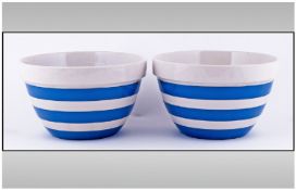 T.G Green Cornish Kitchen Ware, blue and white, pair of mixing bowls. Height 4.5 inches, diameter