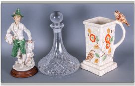 Small Collection of Items comprising Italian Painted Figure of a Pheasant Boy, cut glass Ship's