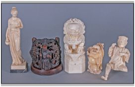 5 Miscellaneous Oriental Figures. An Ivory Japanese Figure of a Man A/F. Three Ivorine Figures and a