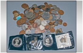 Tin Money Box containing a mixed lot of coins, including modern crowns, some silver and replica,