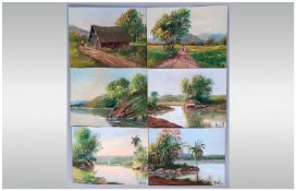 Collection Of 19 Oil On Canvas Primitive Paintings, Depicting Landscapes and Portraits. All Signed