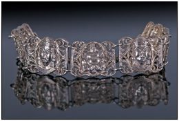 1930s Silvered Metal Oriental Bracelet. Quite Substantial 32 Gram Design featuring Buddha's, China