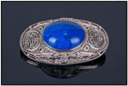Chinese Silver Oval Shaped Brooch, Set With Central Lapiz Lazuli Gem Stone.