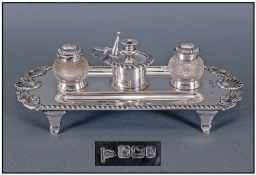 Victorian Fine & Impressive Gentleman's Desk Silver Twin Inkwells & Pen Stand. Complete with