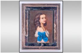 Painted Miniature Of A Young Girl On Artists Board, unsigned. Enclosed in a heavy copper pleated