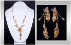 Gilt Mesh and White Crystal Necklace and Earring Set, delicate floral design, Y shaped necklace