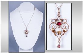 Edwardian 9ct Gold Garnet and Seed Pearl Pendant Drop. c.1910. Marked 9ct. 18 Inches In Length.