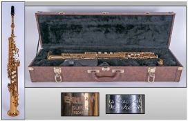 Earlham Super Gold Lacquered Soprano Saxophone. Serial number 9604113. Complete with case and two