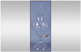 A Very Large Cut Crystal Whiskey Cat Lidded Jar with Tap. Stands 26.25 Inches High.