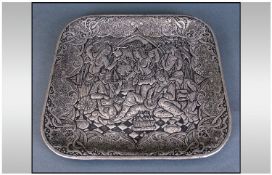 A Fine Quality Engraved & Embossed Persian Silvered Metal Square Dish, depicting courtesans in a