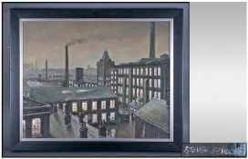 Steven Scholes 1952, Titled 'The Roe Mill, Roof Tops & Mills 1958' artists number 94124. Oil on