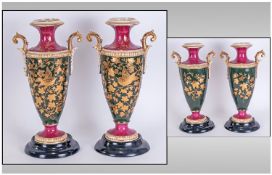 A Pair Of Mid 20th Century Decorative Hand Finished Porcelain Vases & Stand. Each vase stands 13.