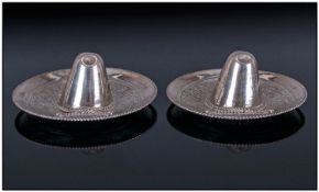 Spanish Miniature Pair Of Silver Novelty Mexican Hats. Marked 925 Each 2.75" Diameter.