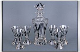 Art Deco Glass Decanter and Six Glasses, finely faceted cut body in tapering form with black