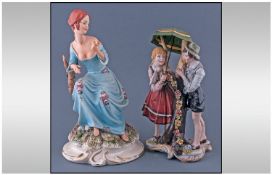 Capodimonte Signed and Finely Detailed Figures. 2 in total 1)Young Woman with a Rose Sitting in a