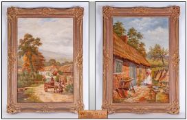 W.J.Hill Pair Of Large Oils On Canvas 'Cottages & Figures In a Country Setting' Each painting is