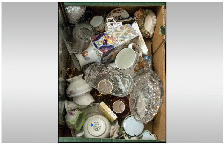 Box Of Miscellaneous. Comprising decorative picture, commemorative tankards, souvenir glasses, glass