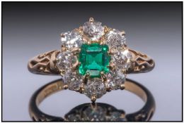 18ct Gold Emerald And Diamond Ring, Set With Central Emerald Surrounded By Round Brilliant Cut