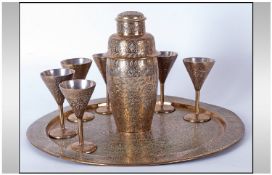 Indian Brass Engraved Cocktail Set on tray, with 6 cups and an unusual cocktail shaker.