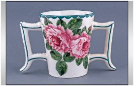 Wemyss Unusual Shaped Two Handle Vase, cabbage roses design. Impressed Wemyss name to underside.