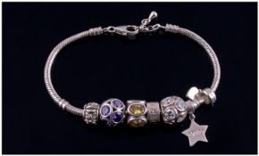 Ladies Fashion Silver Charm Bracelet, Loaded With 7 Charms. Stamped 925.