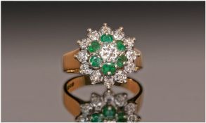 9ct Gold Set Ladies Diamond And Emerald Cluster Ring, Flowehead setting. Fully hallmarked. 4.8