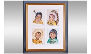 Framed Watercolour Study, Depicting Four Individual Images Of Young Native American Children.