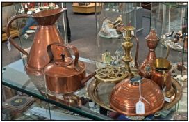 A Mixed Selection Of Brass And Copper. 10 pieces in total. Comprising copper kettle, beer measure,