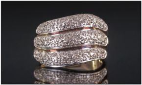 9ct Gold Diamond Dress Ring, Three Rows Of Pave Set Round Cut Diamonds, Fully Hallmarked. Ring