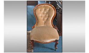 Victorian Walnut Cabriole Legged Spoon Back Nursing Chair. With carved legs and back supports. Blush