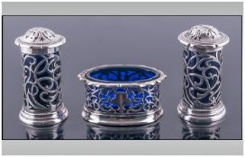 Art Nouveau Silver Open Worked And Pierced 3 Piece Cruet Set. Complete with blue liners. Hallmark