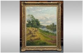 H Pennel Oil on Canvas depicting a river landscape with haymaker labouring on the river banks.