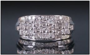 10ct White Gold Diamond Cluster Ring, Set with A Cluster Of Round Modern Brilliant And Princess